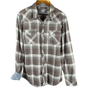 BKE Plaid Western Shirt XL Pearl Snap Flap Pockets Tailored Fit Rodeo Brown Soft